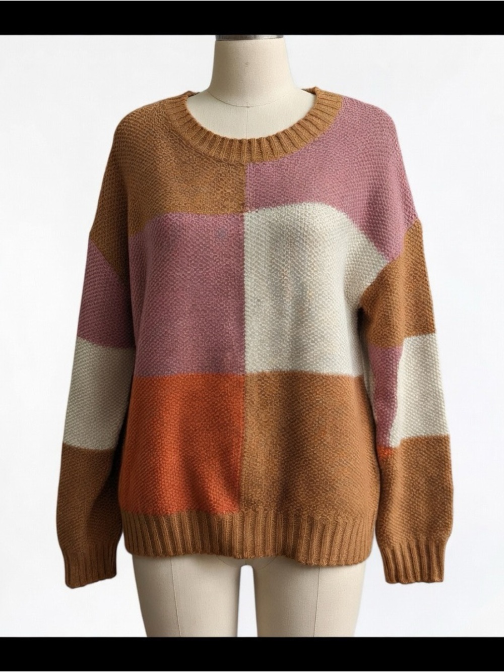 BiBi Colorblock Crewneck Sweater in Pink, Orange, Cream, Brown SZ XL